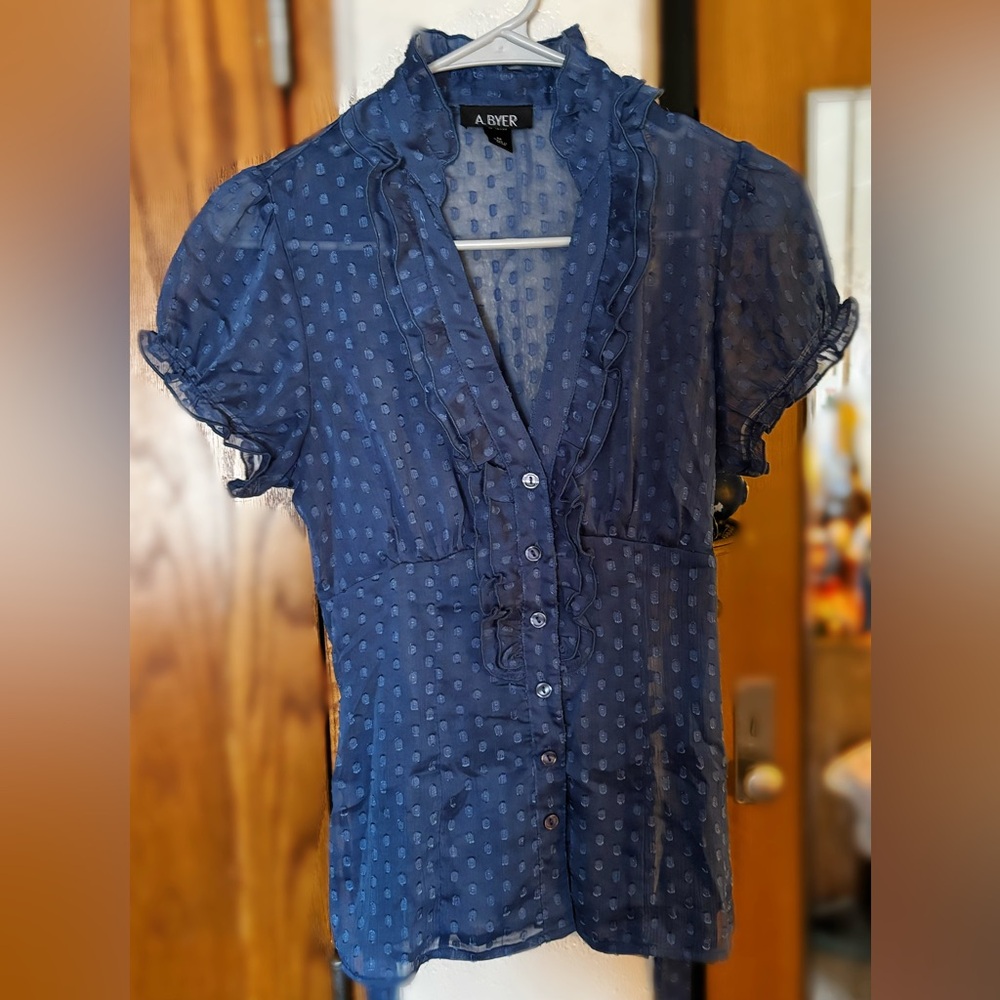 2000’s A. Byer Sheer Navy Blouse with Ruffle Details